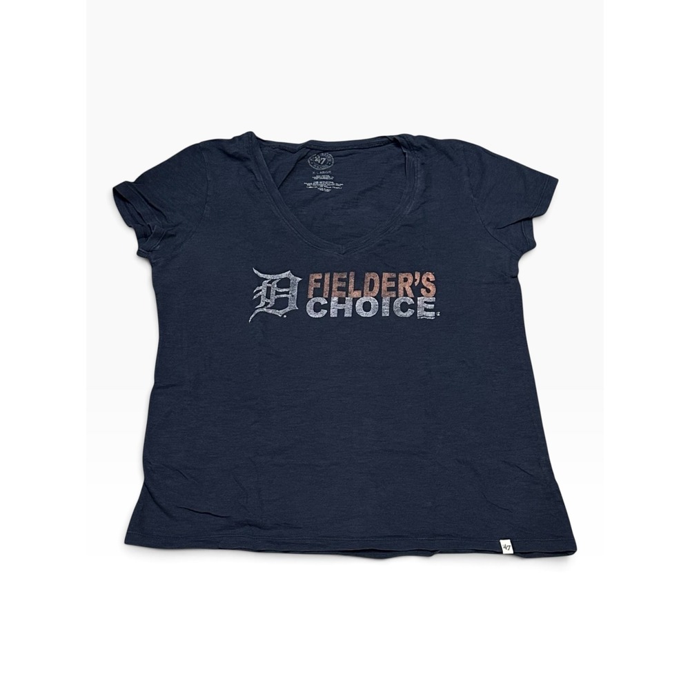 47 Brand Detroit Tigers MLB T-Shirt Womens XL Navy Blue V-Neck Fielders Choice